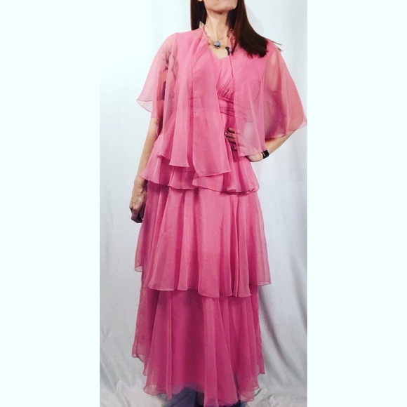 Sold—Vintage Pink Chiffon Empire Waist Maxi Dress with Matching Chiffon Cape - Picture 5 of 17